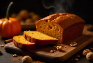 A loaf of pumpkin banana bread sliced and ready to serve, showcasing its moist texture and golden crust.