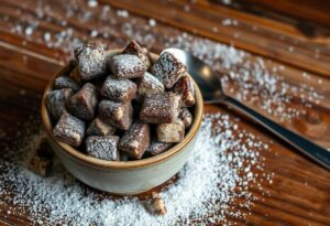 A bowl of muddy buddies sprinkled with powdered sugar, displaying their delicious crunch and chocolate coating.