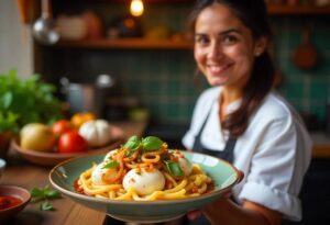 chef smiling at the camera, with a colorful kitchen