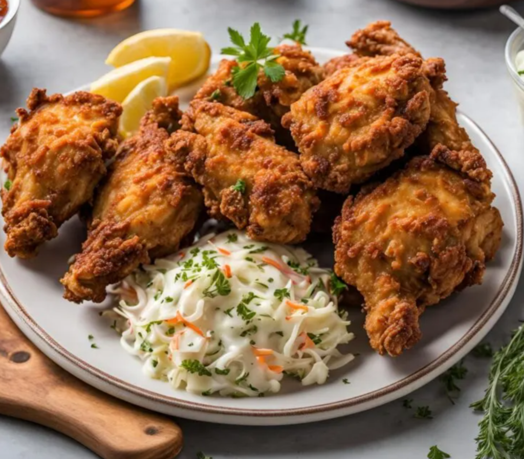 Crispy fried chicken with golden-brown crust and juicy interior.