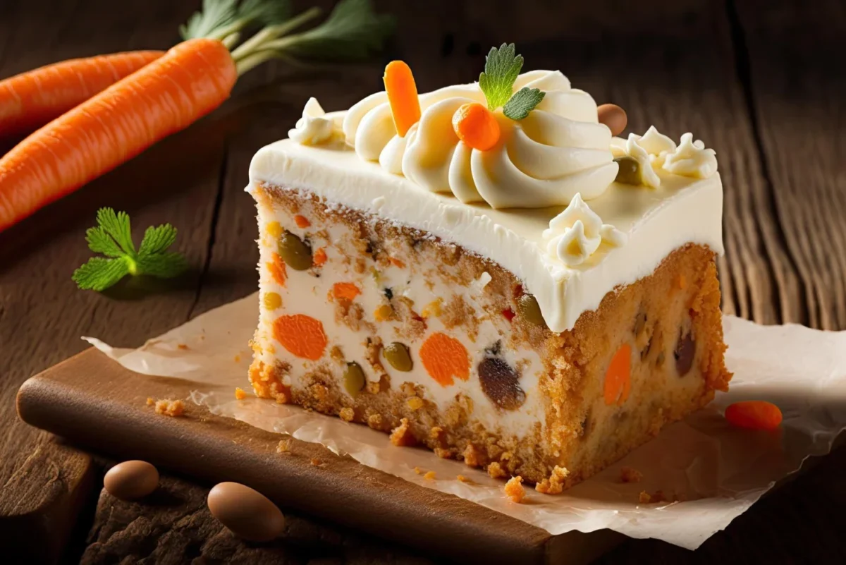 A slice of carrot cake with cream cheese frosting