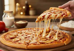 A delicious slice of Domino's BBQ Chicken Pizza topped with chicken, onions, and cheese.