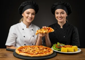 BBQ chicken pizza with a variety of vibrant sides on a wooden table