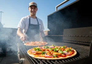 BBQ chicken pizza with a variety of toppings