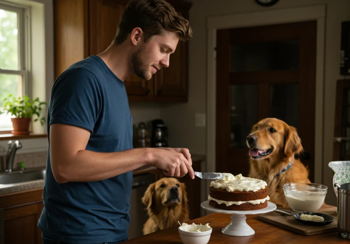 man frosting a rustic cake