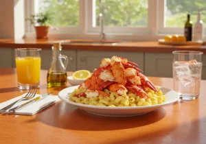 Lobster pieces on mac n cheese ,