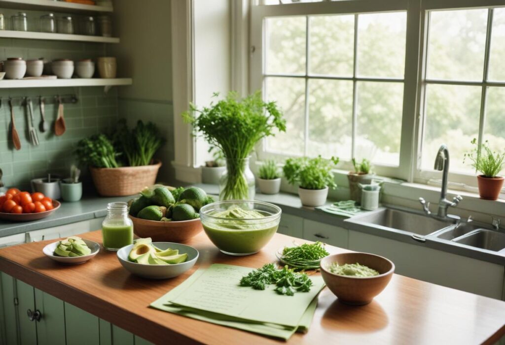 A well-organized kitchen countertop with fresh ingredients for a Homemade Green Goddess Dressing, including avocado, parsley, chives, and garlic, arranged neatly with a glass bowl and a whisk in the center, bright natural light streaming through a window, and a notepad nearby with handwritten recipe notes in a stylish font.