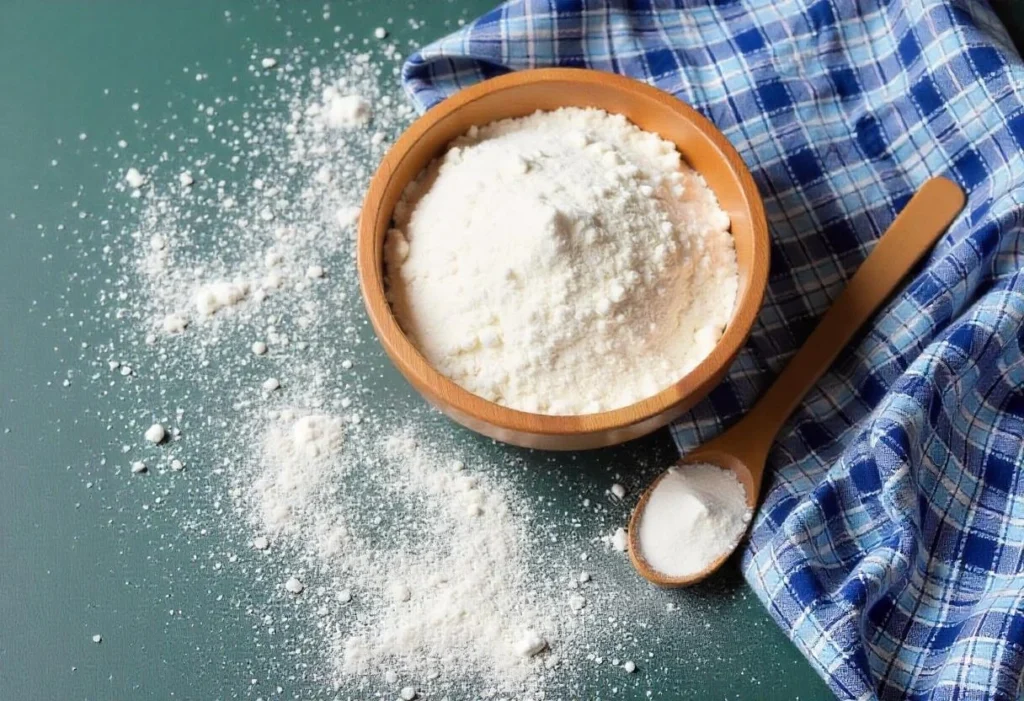 A wooden bowl filled with white flour , a wooden spoon with flour , and a blue and white checkered cloth on a dark green background