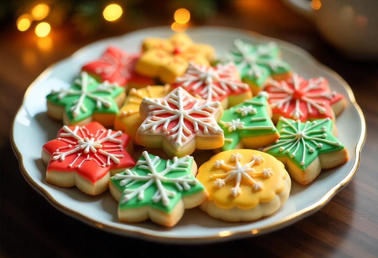 A beautifully decorated plate of rolled sugar cookies showcasing vibrant colors and festive designs.