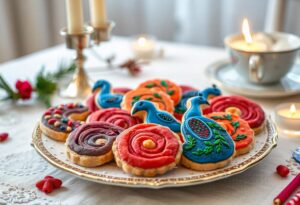 Rolling Sugar Cookies on Flour vs. Powdered Sugar-A beautifully decorated plate of vibrant rolled sugar cookies, showcasing various colors and festive designs, inviting viewers to indulge in a delicious treat.