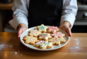 A beautifully arranged plate of freshly baked sugar cookies, showcasing various shapes and textures, ideal for any celebration or gathering.