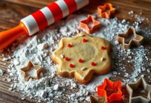 A decorated sugar cookie with rolling pin and flour, showcasing techniques for rolling out cookie dough.