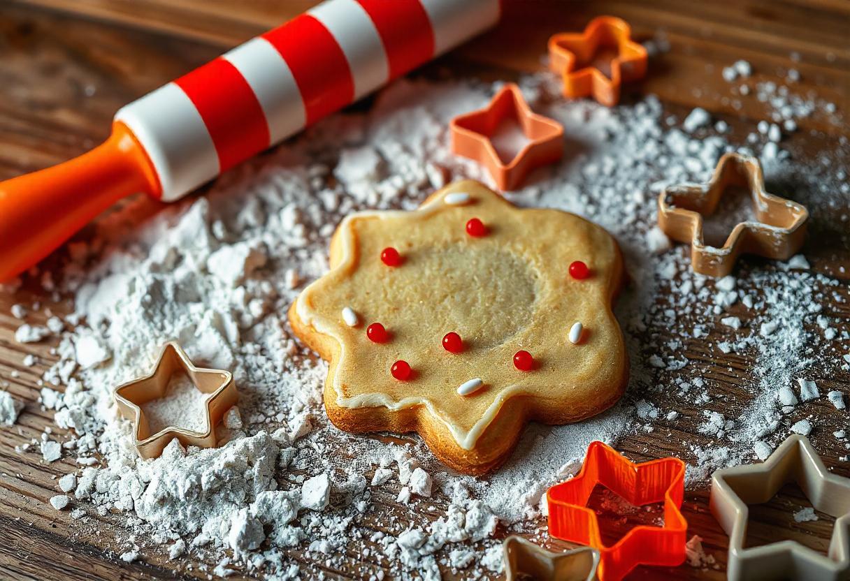 A decorated sugar cookie with rolling pin and flour, showcasing techniques for rolling out cookie dough.