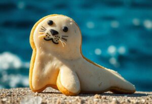 A close-up of a Navy Seal sugar cookie, symbolizing strength and resilience, single cookies atop a blue background.