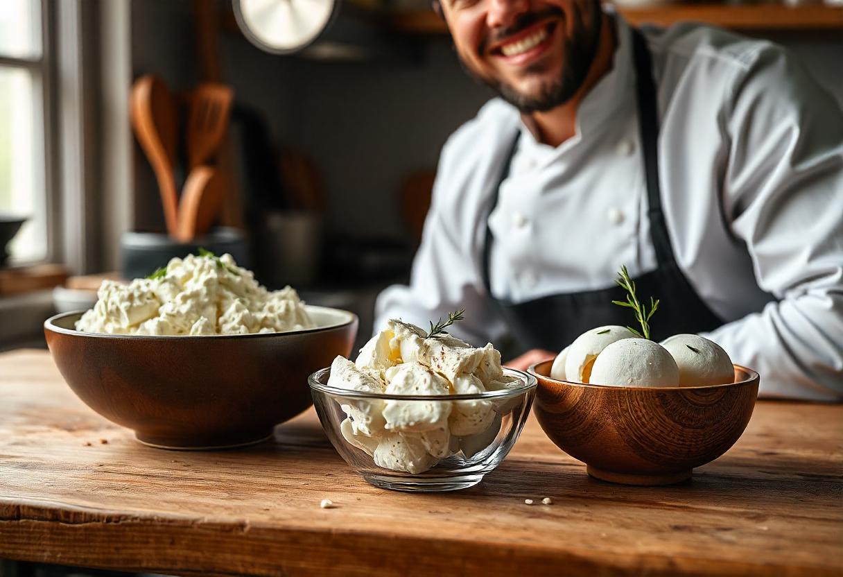 Two bowls of cottage cheese and mozzarella, showcasing their differences in texture and appearance.