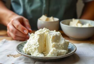 A homemade batch of creamy cottage cheese in a bowl with fresh herbs.