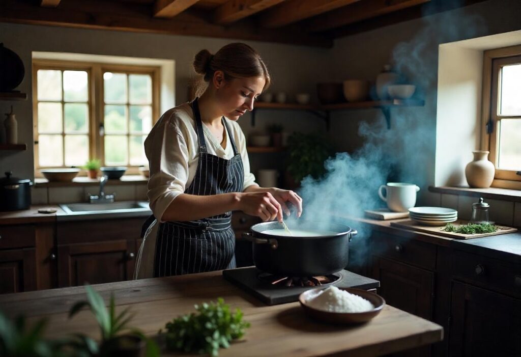 An old-fashioned kitchen scene showing a European woman of Northern descent, wearing a traditional apron, stirring milk in a large pot over a wood stove, with a rustic wooden table filled with fresh ingredients like salt and herbs, soft warm lighting from a nearby window, and wooden beams overhead.