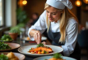 Blonde female chef in a white hat plating Miso glazed salmon with steamed vegetables and sesame seeds in an upscale dining setting.