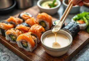 A flat lay of a sushi-making process