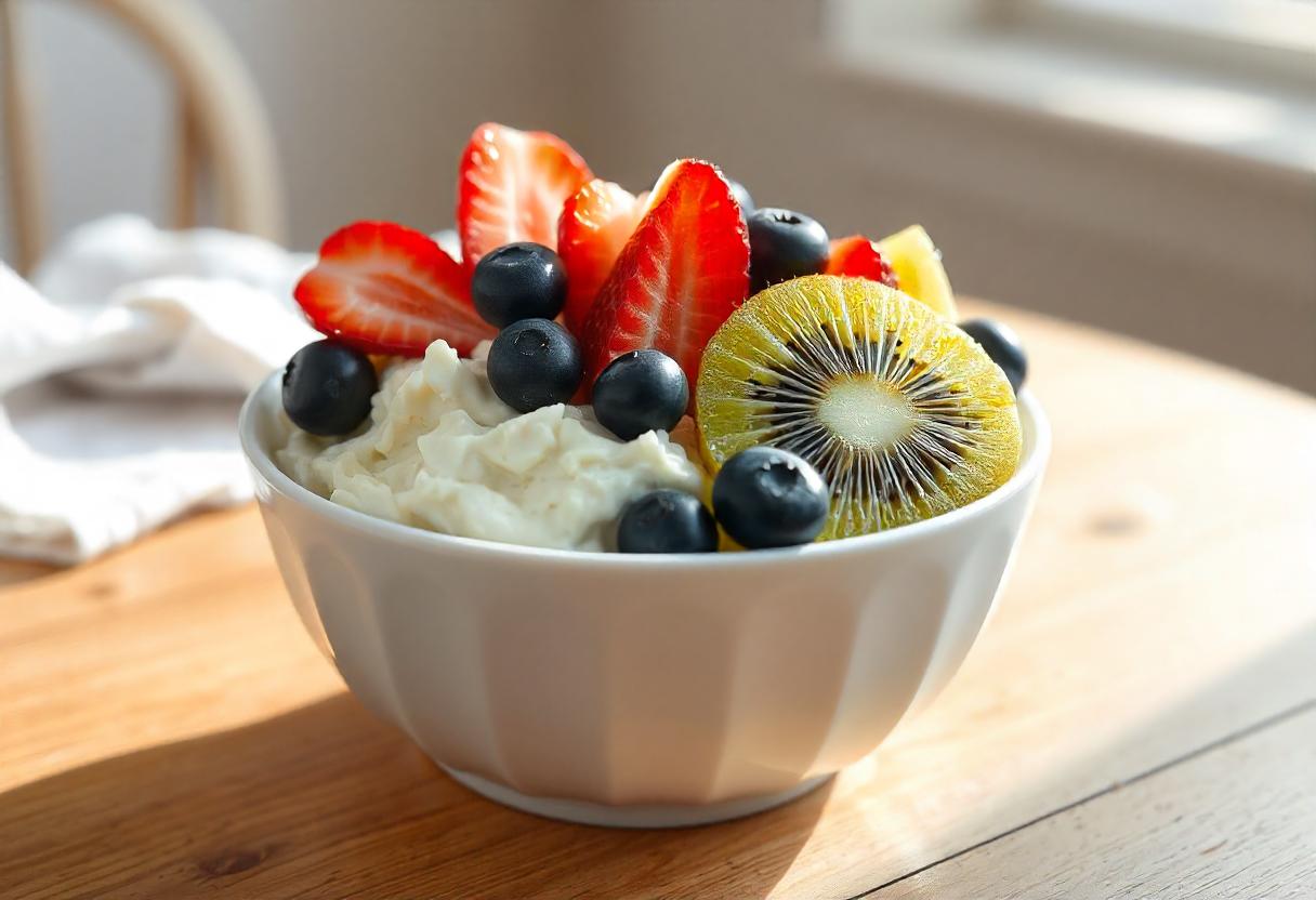 A bowl of cottage cheese topped with fresh fruit.