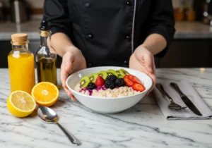 A bowl of Scottish oatmeal topped with fresh fruits