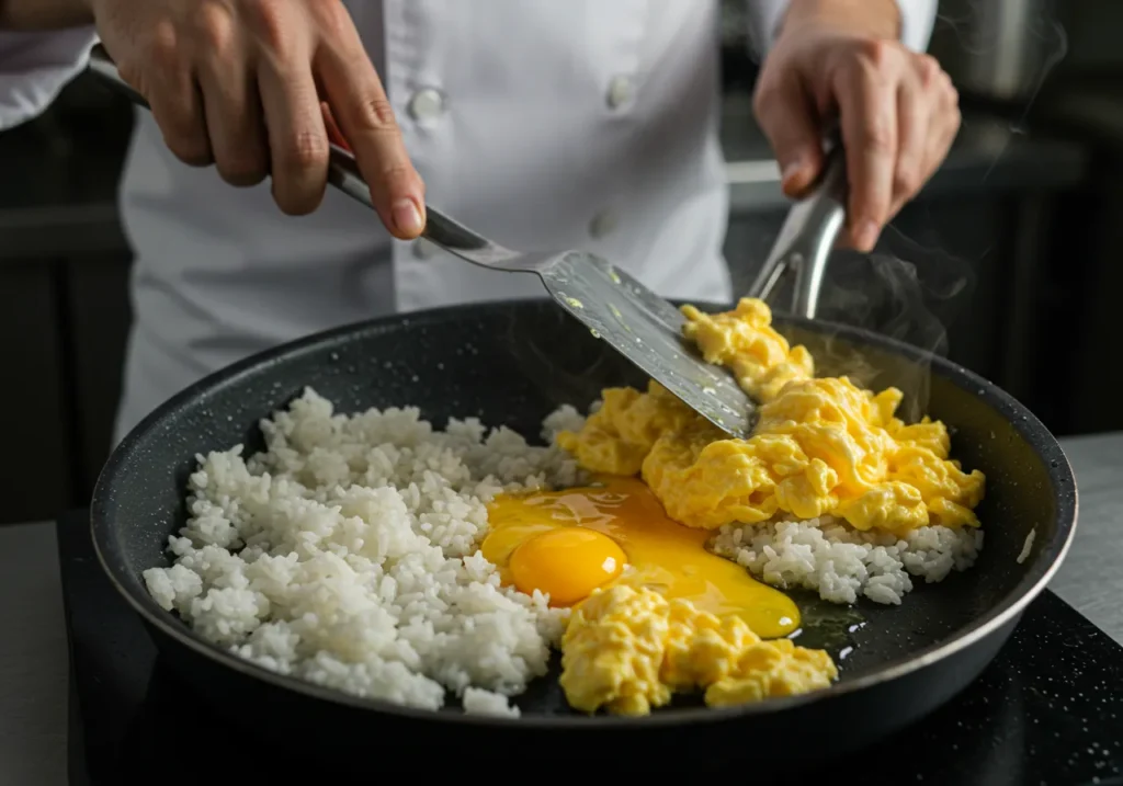 Chef is scrambling the eggs and rice