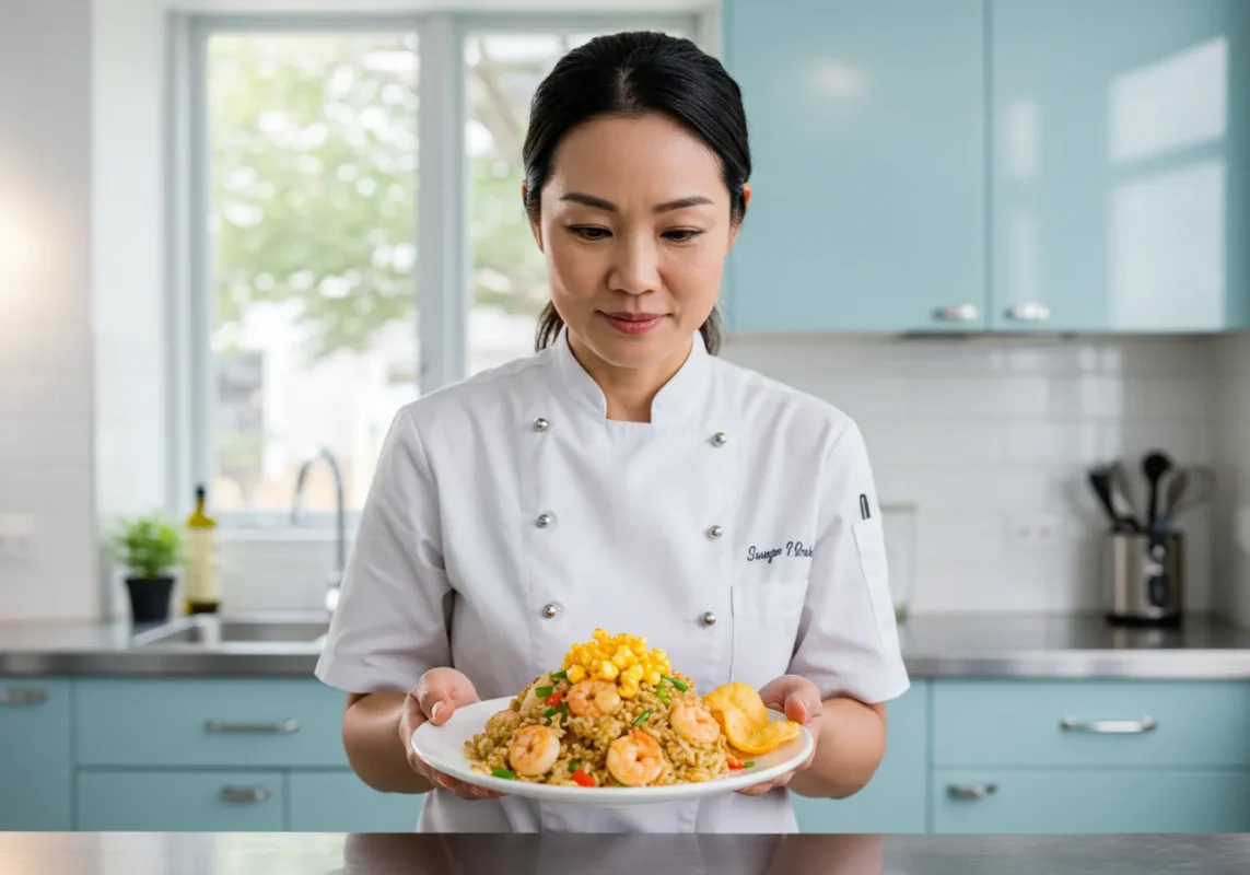 A vibrant plate of Shrimp Fried Rice with Popcorn Chips garnished with fresh green onions.