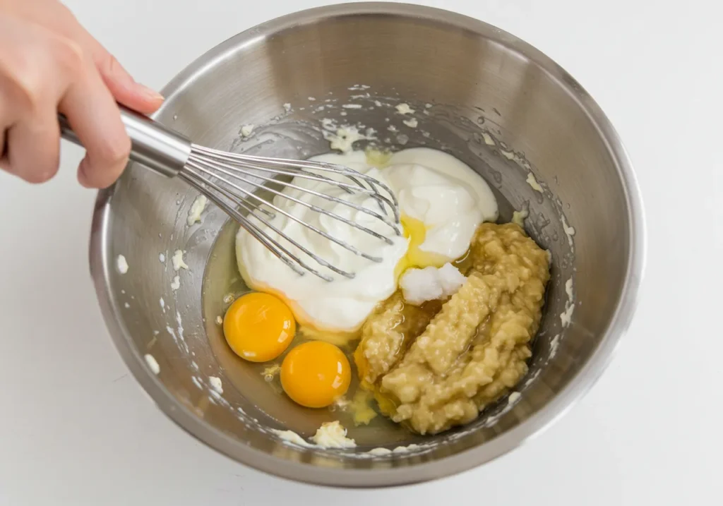 whisk together eggs Greek yogurt coconut oil