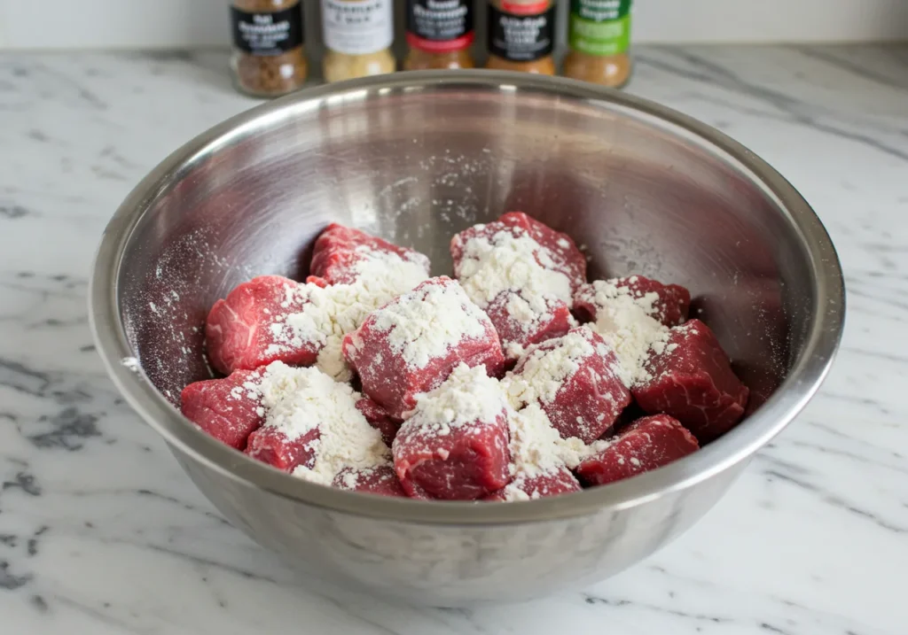 In a large bowl, toss beef in flour