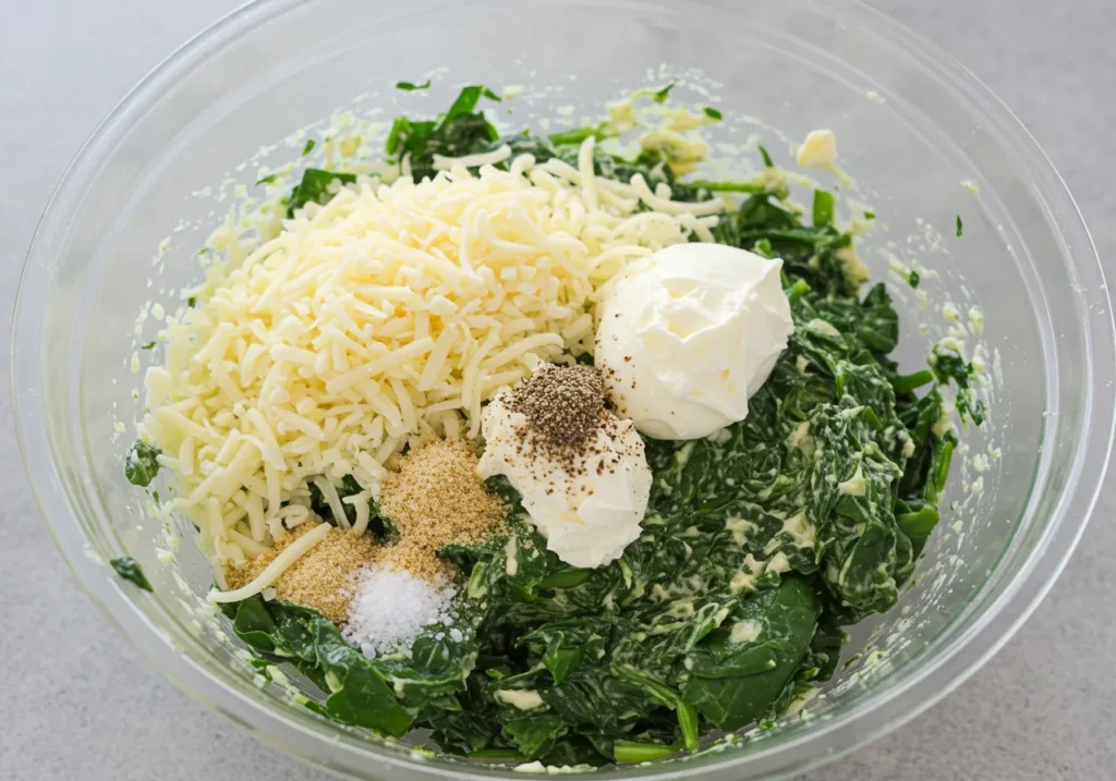 Mix spinach, cream cheese, mozzarella, in a bowl.