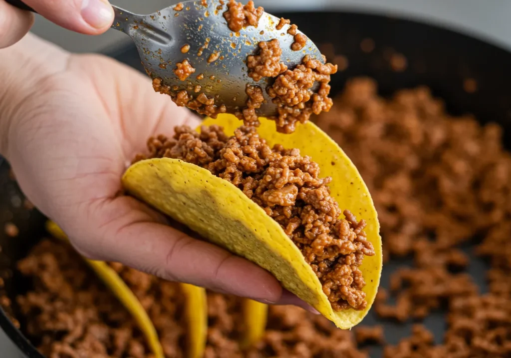 After seasoning ground beef scoop into each taco shell