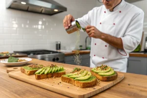 An aesthetically pleasing avocado toast with various toppings, illustrating the versatility of avocado toast seasoning.