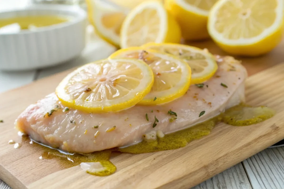 preparing a Delicious smoked chicken breast plated with herbs and spices, showcasing a perfectly cooked, juicy texture."