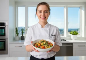 A vibrant, healthy quinoa salad full of vegetables, nuts, and a drizzle of dressing.