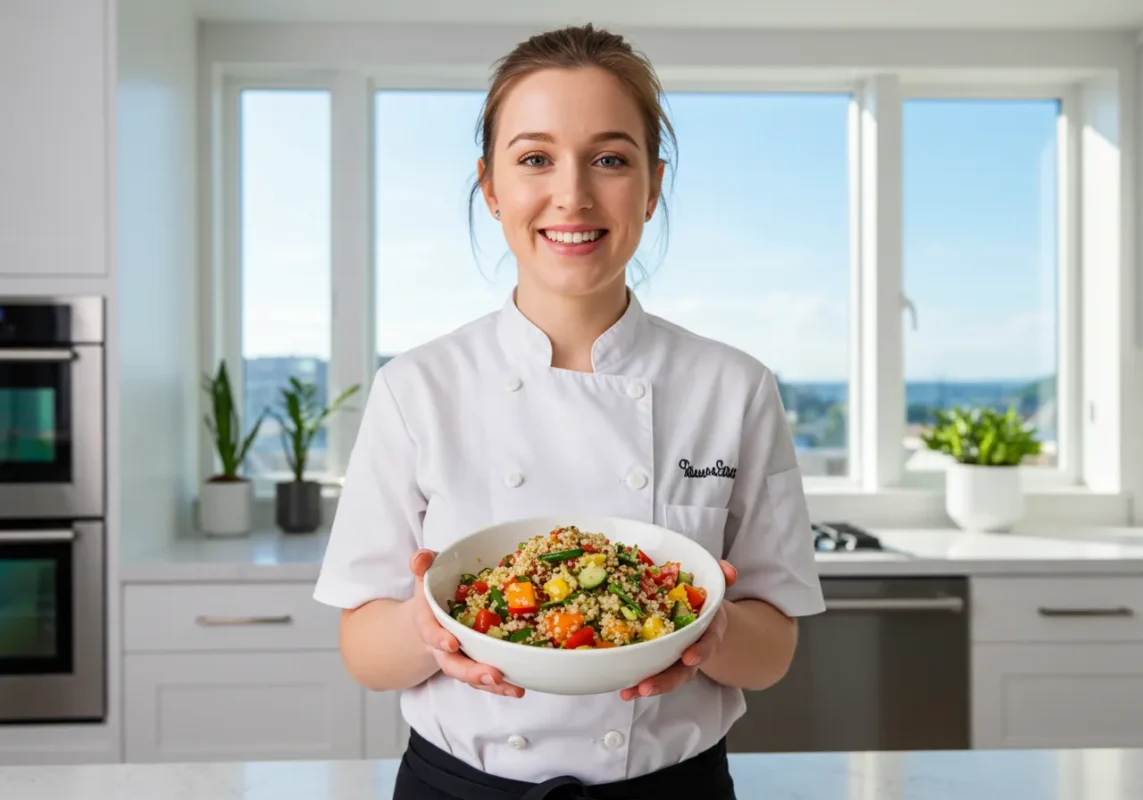 A vibrant, healthy quinoa salad full of vegetables, nuts, and a drizzle of dressing.