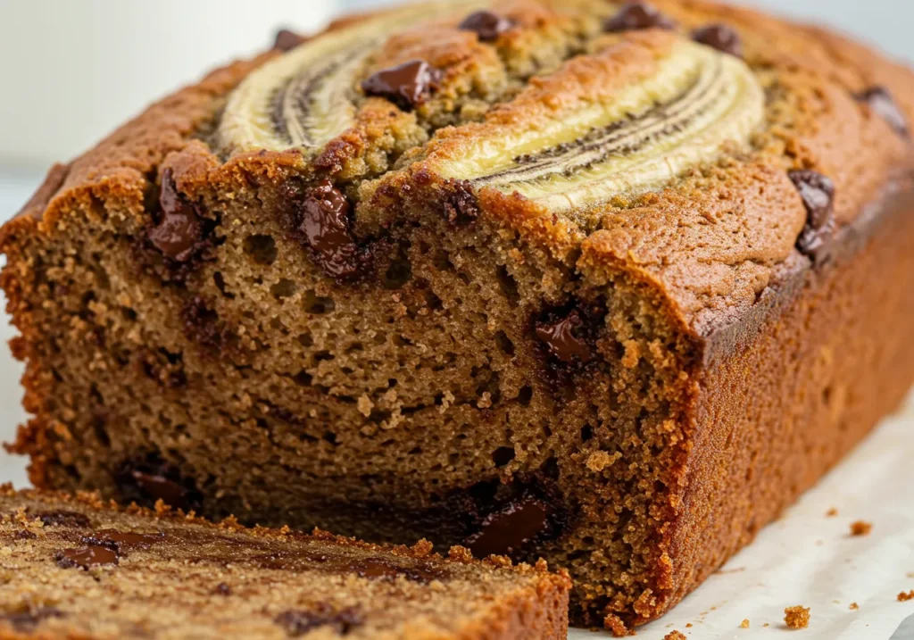 A freshly baked loaf of chocolate chip banana bread displayed on a wooden cutting board.