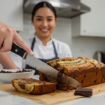 The Best Chocolate Chip Banana Bread displayed on a wooden cutting board.