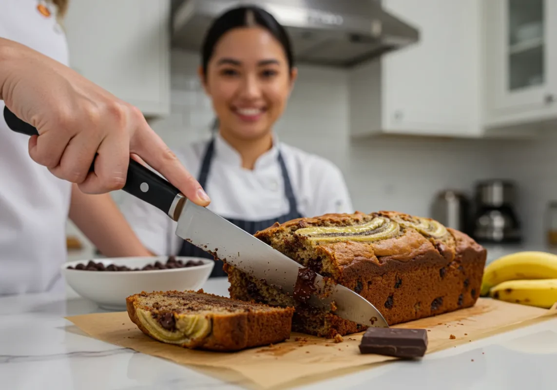 The Best Chocolate Chip Banana Bread displayed on a wooden cutting board.